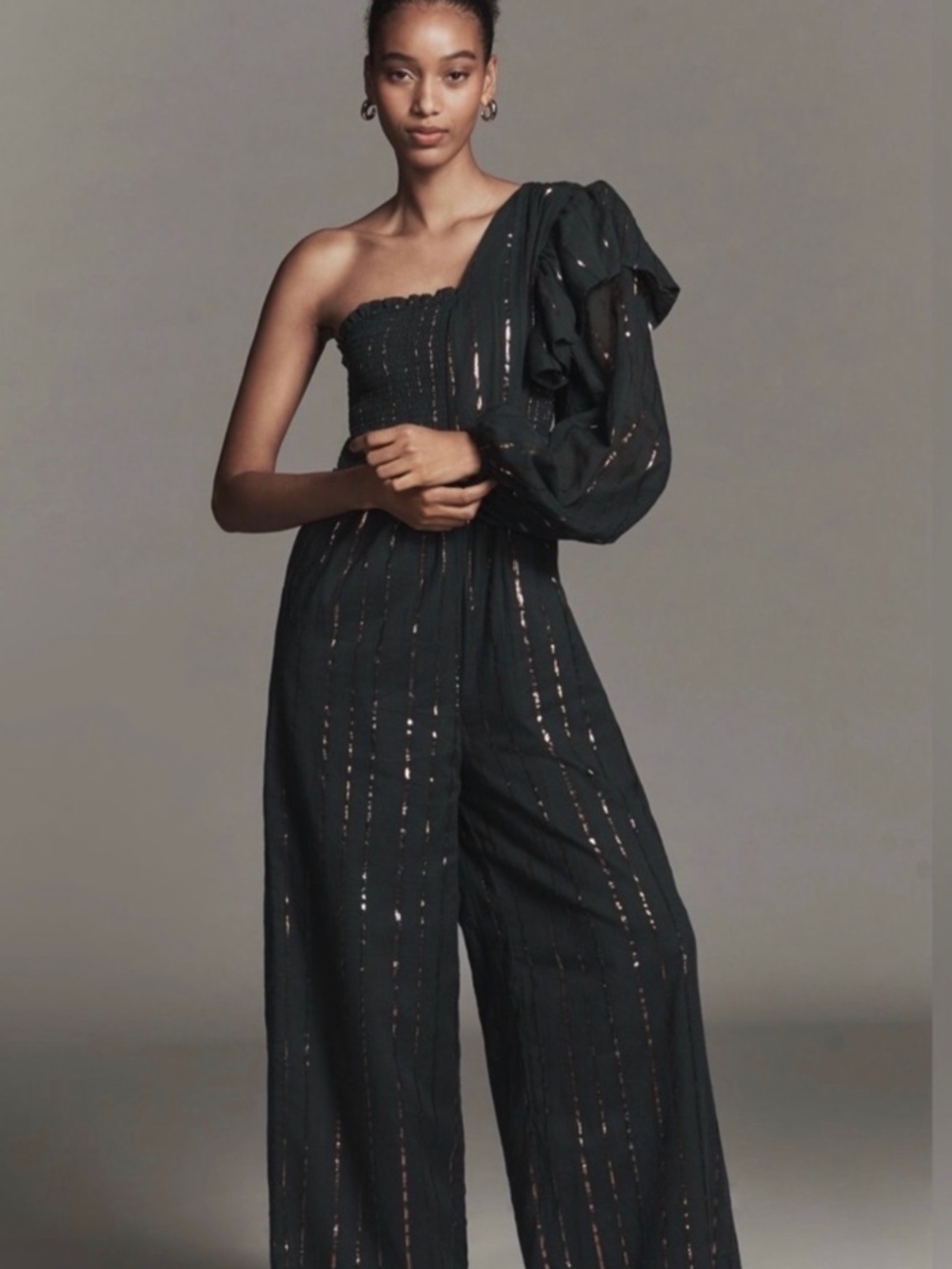 NWT FARM Rio X Anthropologie One-Shoulder Dark Green Striped Jumpsuit; Sz XS